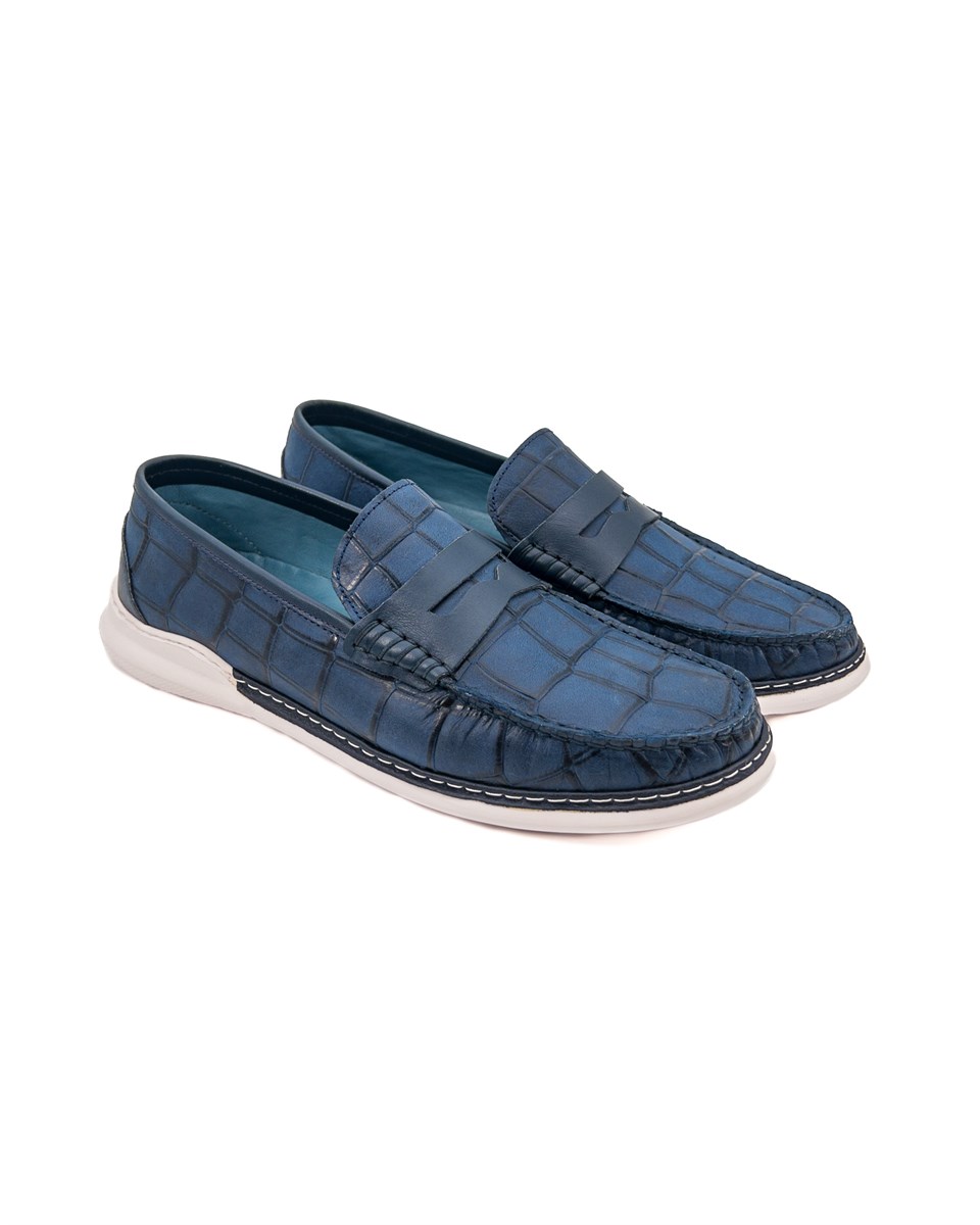 Pergamon Mavi Kroko Desenli Hakiki Deri Erkek Günlük Ayakkabı