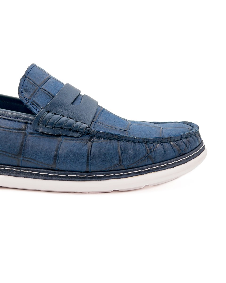 Pergamon Mavi Kroko Desenli Hakiki Deri Erkek Günlük Ayakkabı