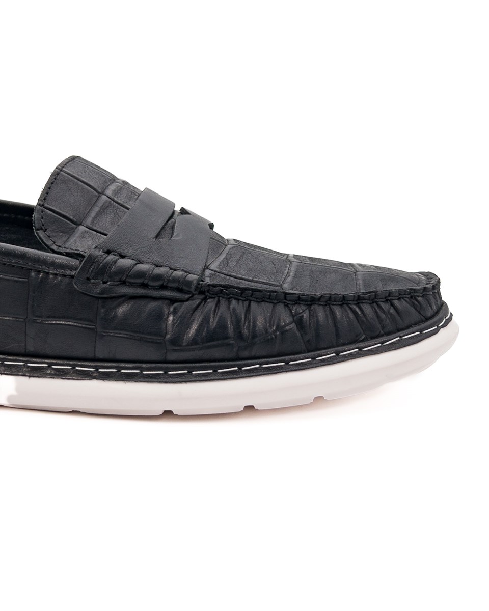 Pergamon Siyah Kroko Desenli Hakiki Deri Erkek Günlük Ayakkabı