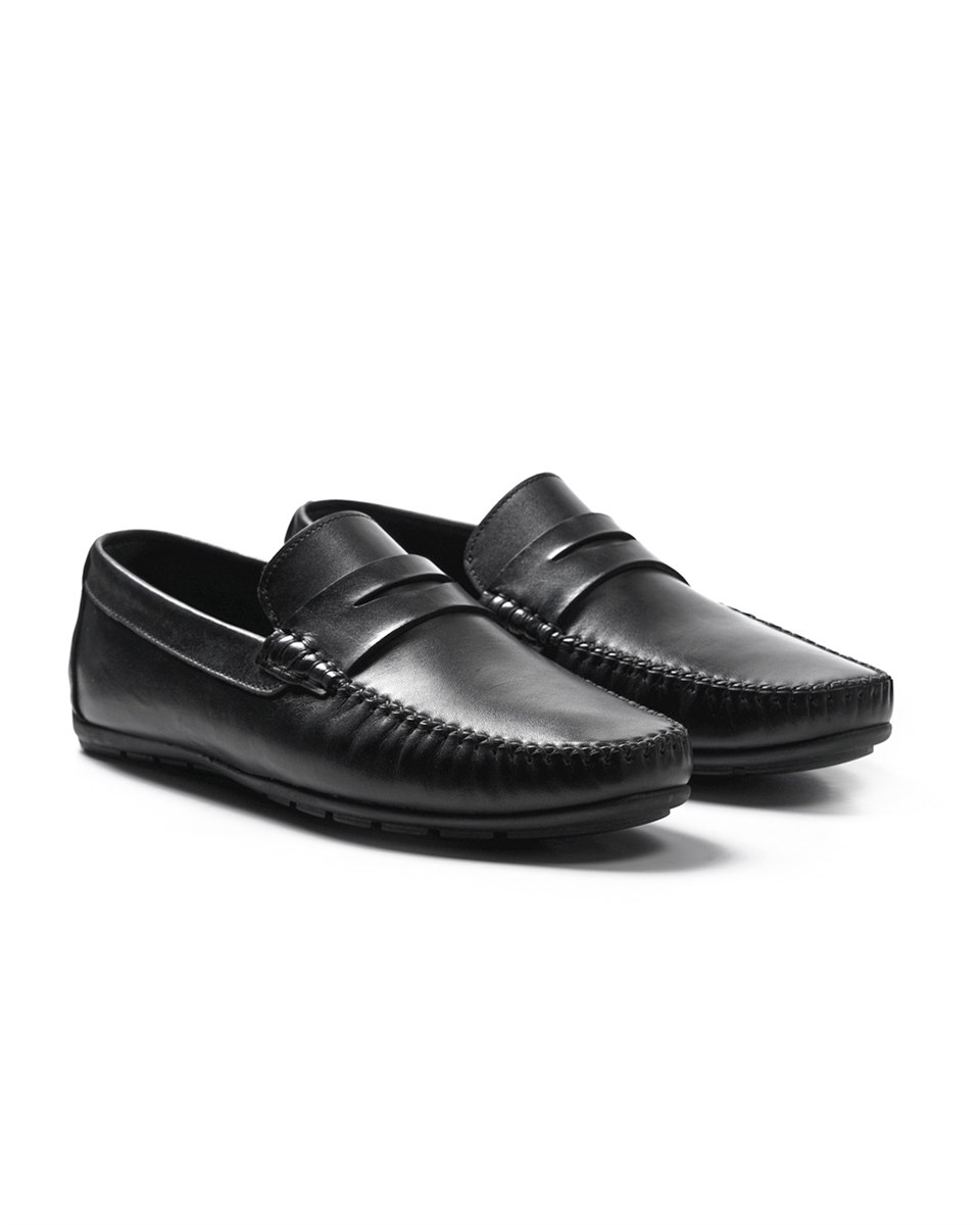 Perge Black Genuine Leather Loafer Shoes for Men