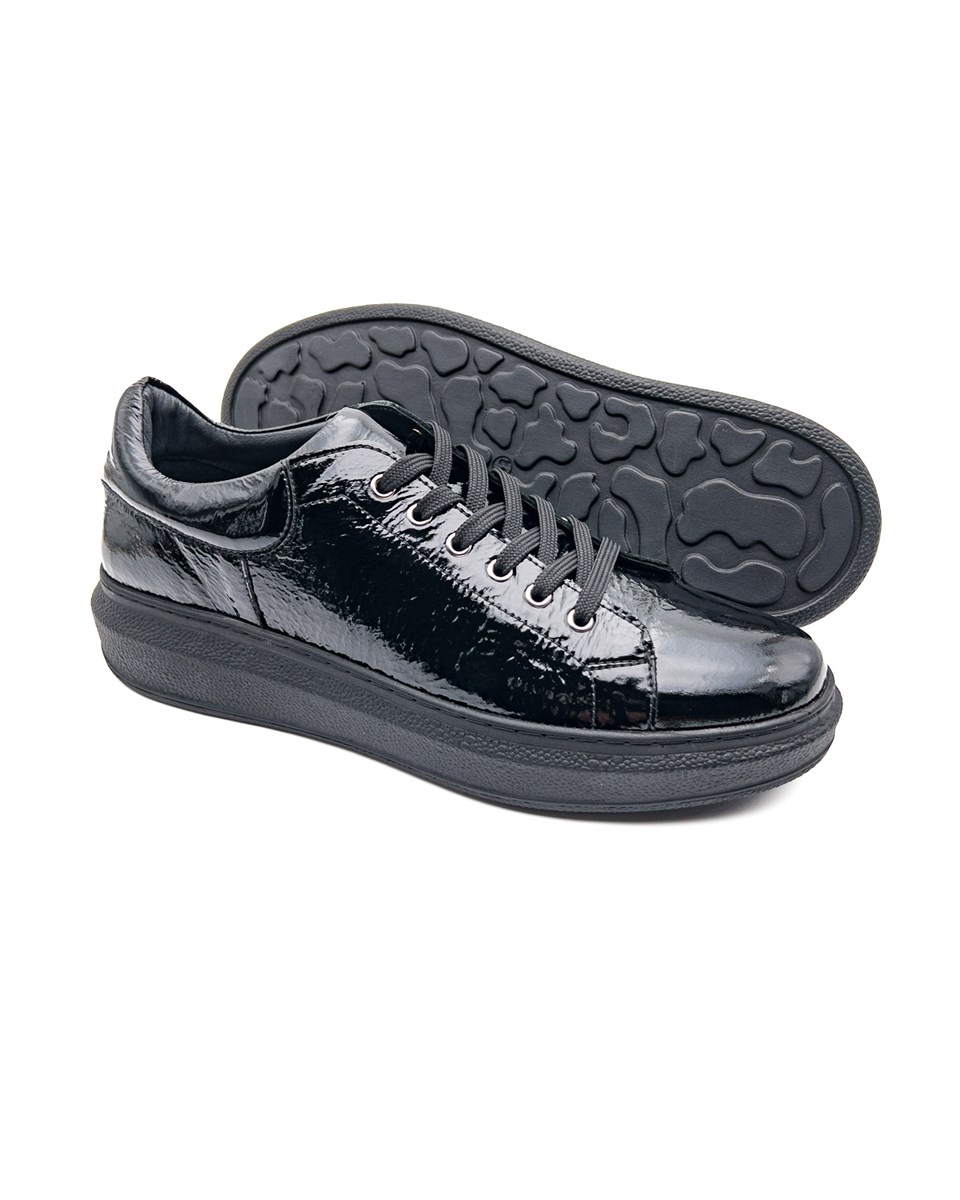 Strada Black Patent Leather-Black Shoe Sole Sneaker for Men